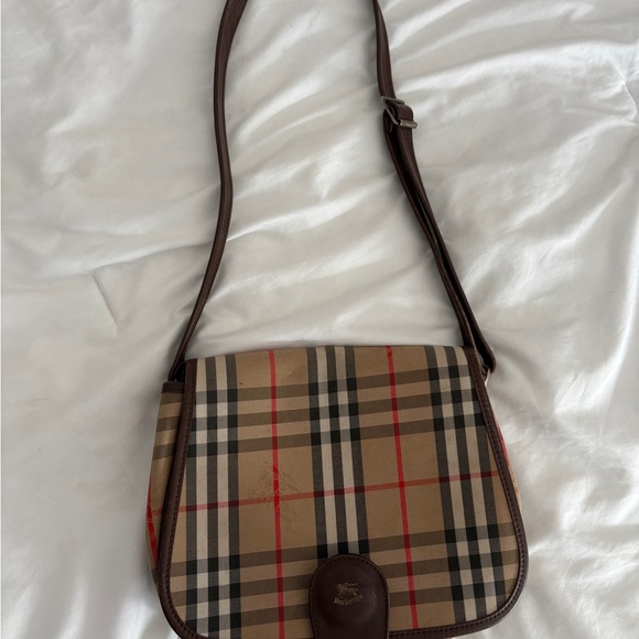 Burberry Tan and Red Plaid Shoulder Bag